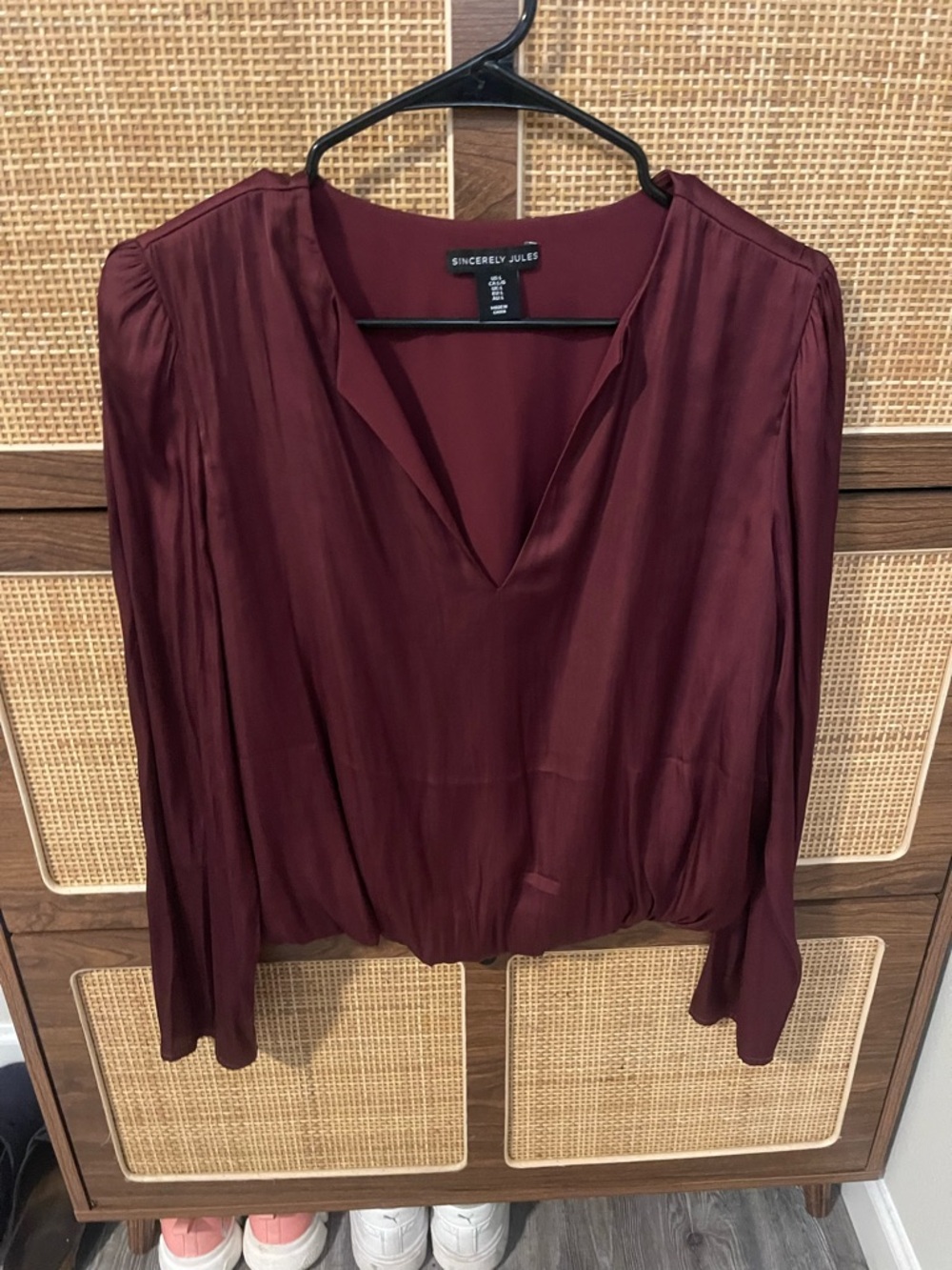 Sincerly Jules Wine V-Neck Long Sleeve Blouse